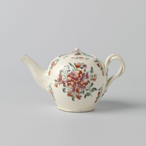 Teapot with lid of hard-baked earthenware, Leeds creamware with multicoloured decoration on the glaze.