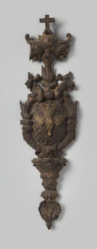 Holy water sprinkler in pearwood, crowned with a dove in a sunburst and a cross