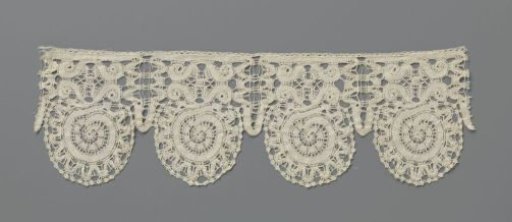 Border of bobbin lace with spiral and mirrored volutes