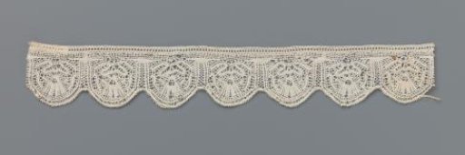 Strip of bobbin lace with a cupflower in half-round shells