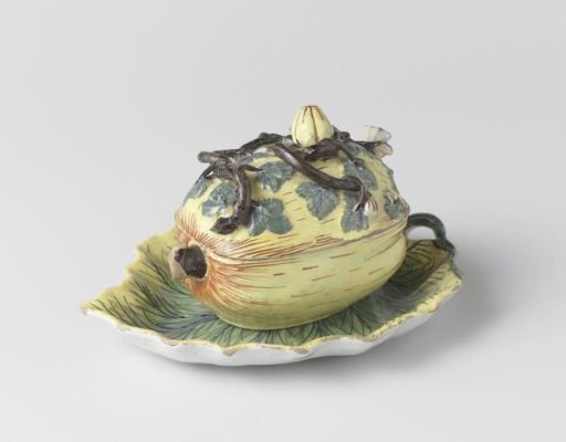 Terrine of polychrome painted faience, in the shape of a pumpkin