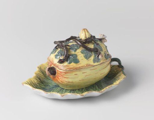 Terrine with Lid of Multicolored Painted Faience, in the Shape of a Pumpkin