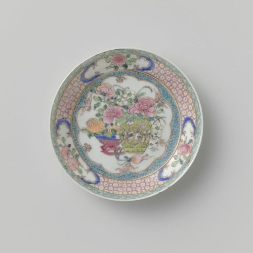 Saucer with flower and fruit basket and cat