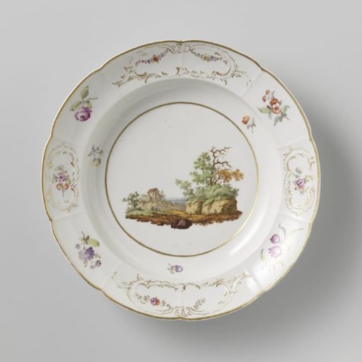 Plate with a landscape and flower sprays in panels