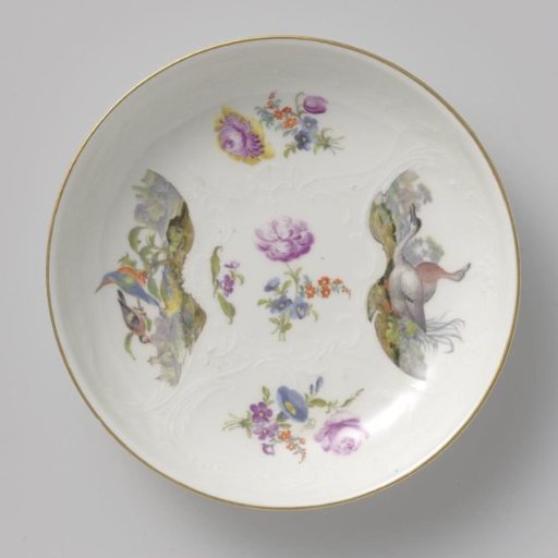 Dish, polychromed with birds and flowers