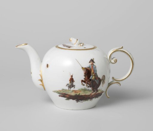 Teapot, Painted with Cavalrymen; Insects Along Spout and Handle