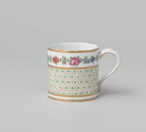 Cup with a floral scroll and a border of dots in circles