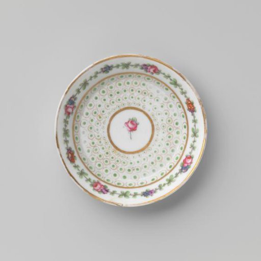Saucer with a floral scroll and a border of dots in circles