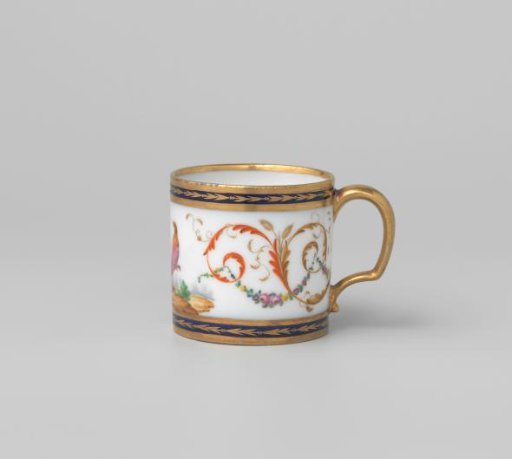 Cup with two birds in a landscape, foliate scrolls and garlands