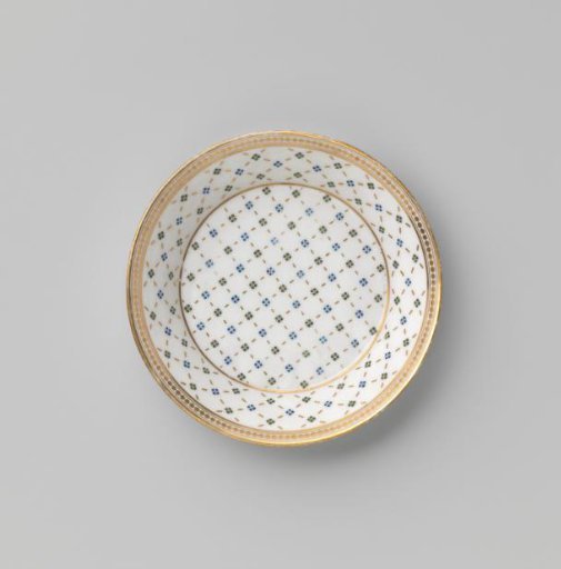 Saucer with a lozenge pattern formed by stripes and dots