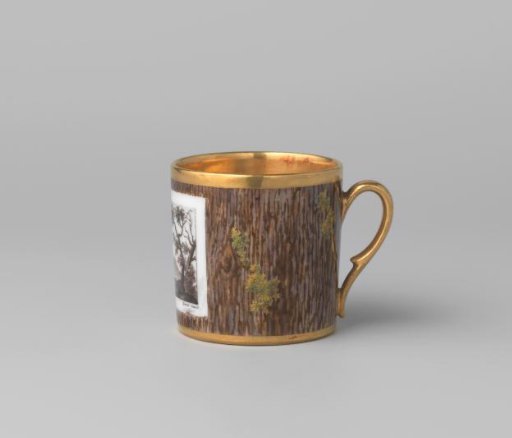 Cup with a landscape on a ground of imitation bark