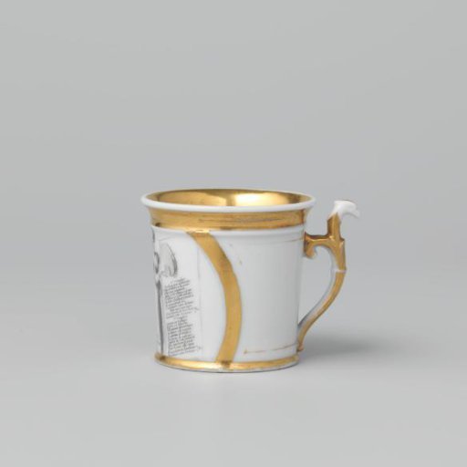 Cup with a lady holding a tambourine and sheet music with lyrics