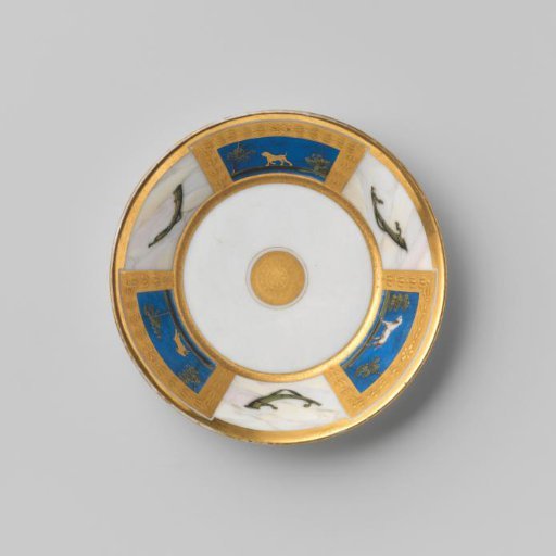 Saucer with horns and animals in a landscape