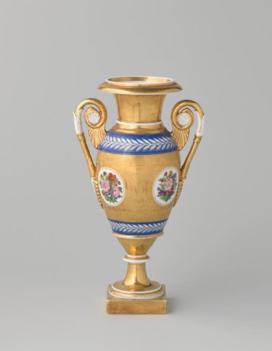 Vase with bouquets, floral scrolls and ornamental borders