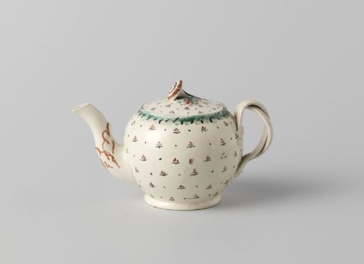 Teapot with lid of hard-baked earthenware with multicoloured decoration on the glaze, creamware