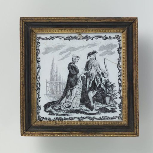 Tile in a frame, with a man and woman in 18th-century costume