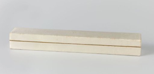 Fan case of cardboard, covered with cream-colored silk on which the gold-colored initials C.D.W. are printed, and on the inside covered with white paper on which Tiffany & Co is printed in gold