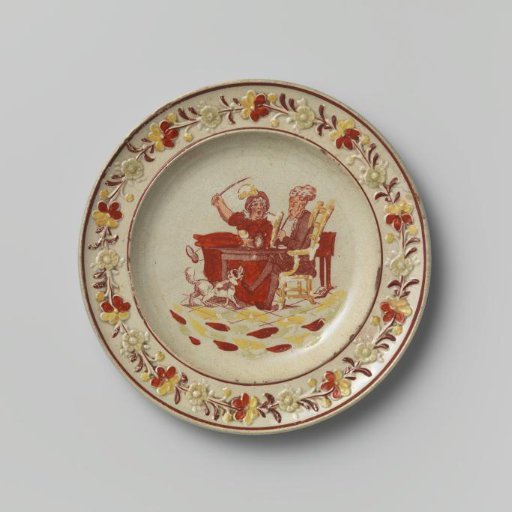 Round plate of hard-baked earthenware with a multicolored representation