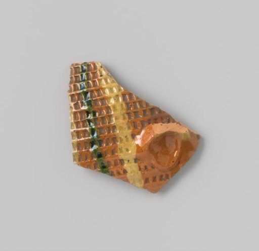Sherd of Red-Fired Earthenware, Featuring a Ribbed Structure and Yellow and Green Striped Glaze on the Exterior, and Colorless Glaze on the Interior and Exterior