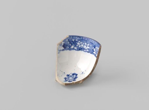 Sherd of White-Fired Earthenware, Featuring a Transfer Print in Blue of Flowers on the Interior and a Building on the Exterior