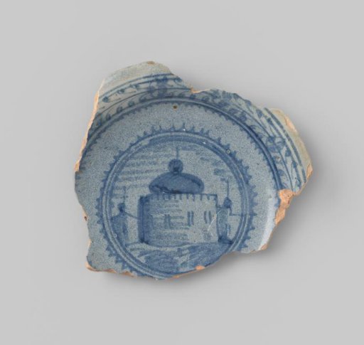 Sherd of reddish-fired earthenware with blue glaze on the upper and lower sides, decorated on the front with a painting of a building encircled by stripes and a floral vine, and stripes on the reverse in blue