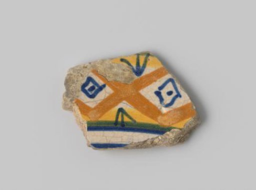 Fragment of white-firing earthenware with decoration of geometric forms in yellow, blue and orange