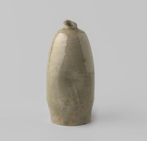 Green stoneware flask with three dents in the belly and colourless glaze on the inside and outside, rim damaged