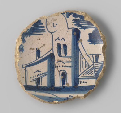 Fragment of a plate with a yellowish sherd, decorated with a painting of a building in blue on a white ground