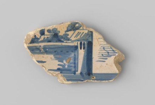 Fragment of a plate with a yellowish sherd, decorated with a painting of a building in blue on a white ground