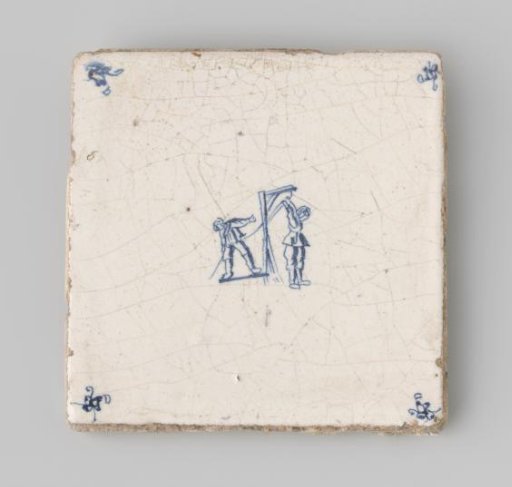 Tile with white glaze, featuring a blue drawing of two figures at a gallows and small spiders in the four corners of the tile.