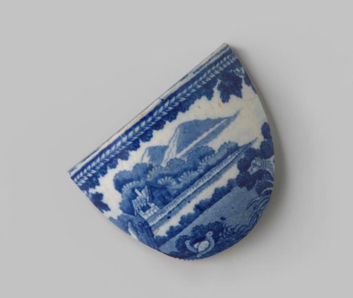 Fragment of white-firing earthenware, with a printed decoration in blue, with a geometric pattern on the inside and a landscape on the outside