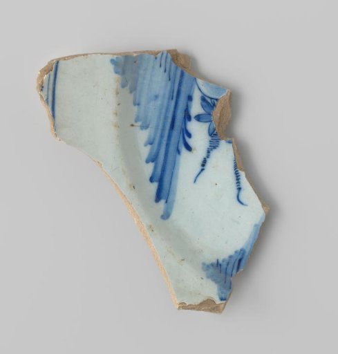 Fragment of white-firing earthenware, with a painting in blue on a white ground on the upper side