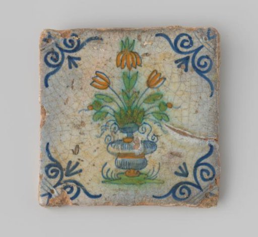 Tile (damaged) with white glaze, featuring a drawing in blue, green, and orange of a vase with flowers, and blue ornaments in the corners.