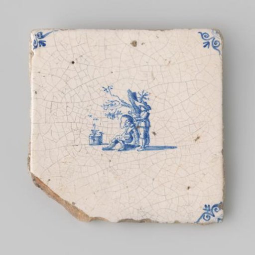 Tile (damaged) with white glaze, featuring a blue drawing of two figures at a tree, and ornaments in the corners of the tile.