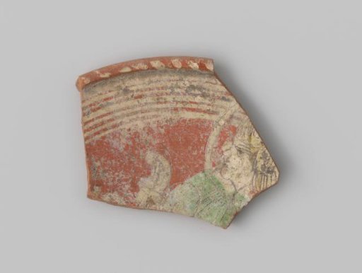 Sherd of red-firing earthenware with a drawing of a figure in profile, with yellow hair and green clothing