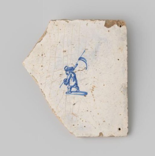 Tile (damaged) with white glaze, featuring a blue drawing of a person with a flag.