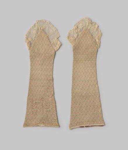Knitted silk mitten in white, green and red