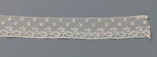 Strip of bobbin lace with tilted ovals under a scattering pattern of twigs