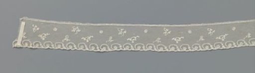 Strip of appliqué lace with a scattered pattern and rosettes in ovals along the lower edge