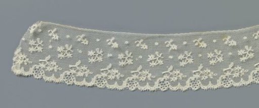 Strip of machine lace with three rows of flower branches and w-shaped motifs along the underside