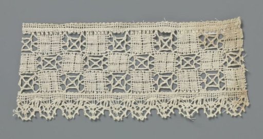 Strip bobbin lace with three rows of squares and shell border