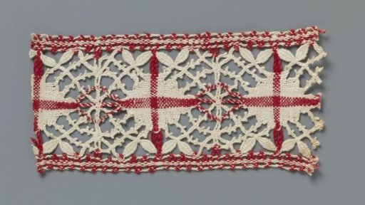 Insert of Red and White Bobbin Lace with Concentric Circles in Square Panels