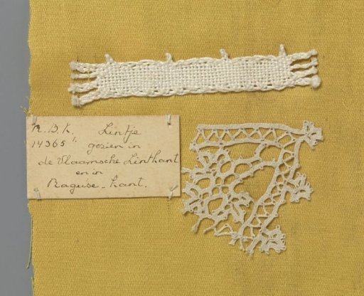 Bobbin lace sample with coarse thread as an example of a ribbon in linen stitch, accompanied by a fragment of lace in which this technique is applied