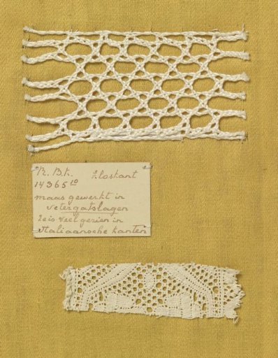 Bobbin lace sample with coarse thread as an example of a Parisian ground, accompanied by a fragment of lace in which this technique is applied