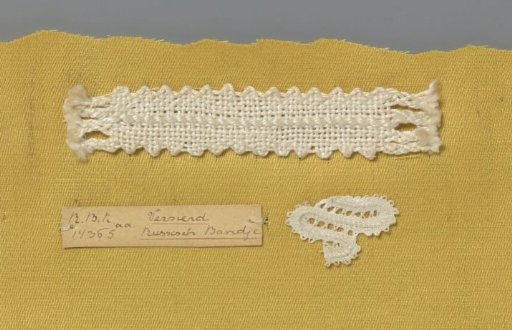 Steel bobbin lace with coarse thread as an example of a ribbon in linen stitch with decorative thread used in Russian ribbon lace, accompanied by a fragment