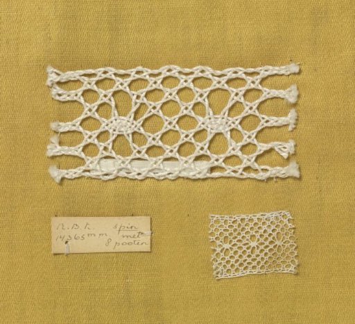 Bobbin lace sample with coarse thread as an example of a spider with eight legs, accompanied by a fragment of Strop lace in which this technique is applied