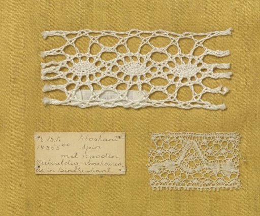 Bobbin lace sample with coarse thread as an example of ringed spiders with twelve legs, accompanied by a fragment of lace in which this technique is applied