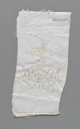 Prickings pinned on a double piece of cotton with tracing threads and needle lace stitches for making a part of a collar of needle lace
