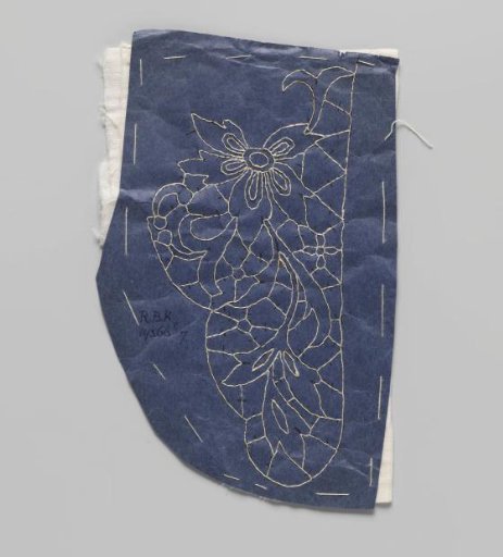 Prickings stitched onto a double piece of cotton with tracing threads for making part of a collar of needle lace