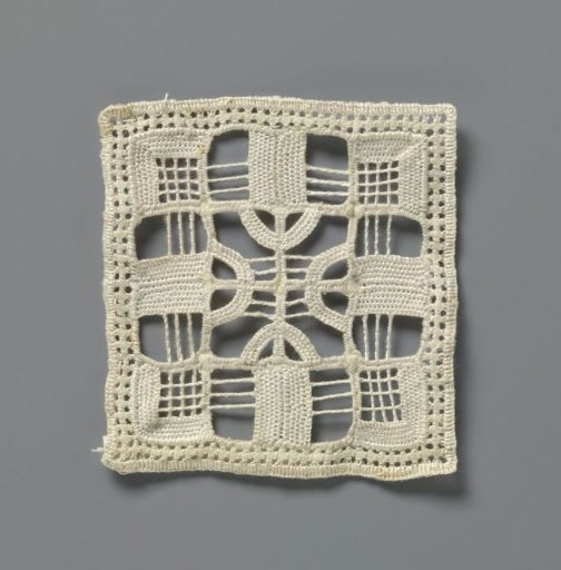 Doily of needle lace with geometric motif and Greek cross